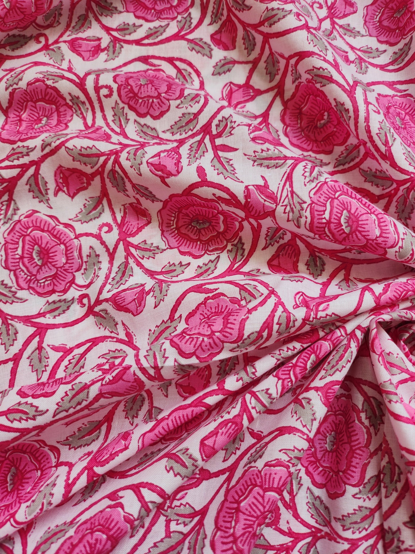 White color with Pink Floral Trail Print Cotton