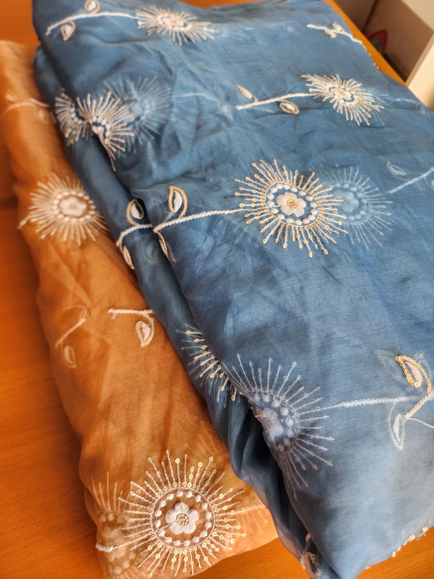 Sun Flower Design with Sequence work & embroidery apricot color Organza