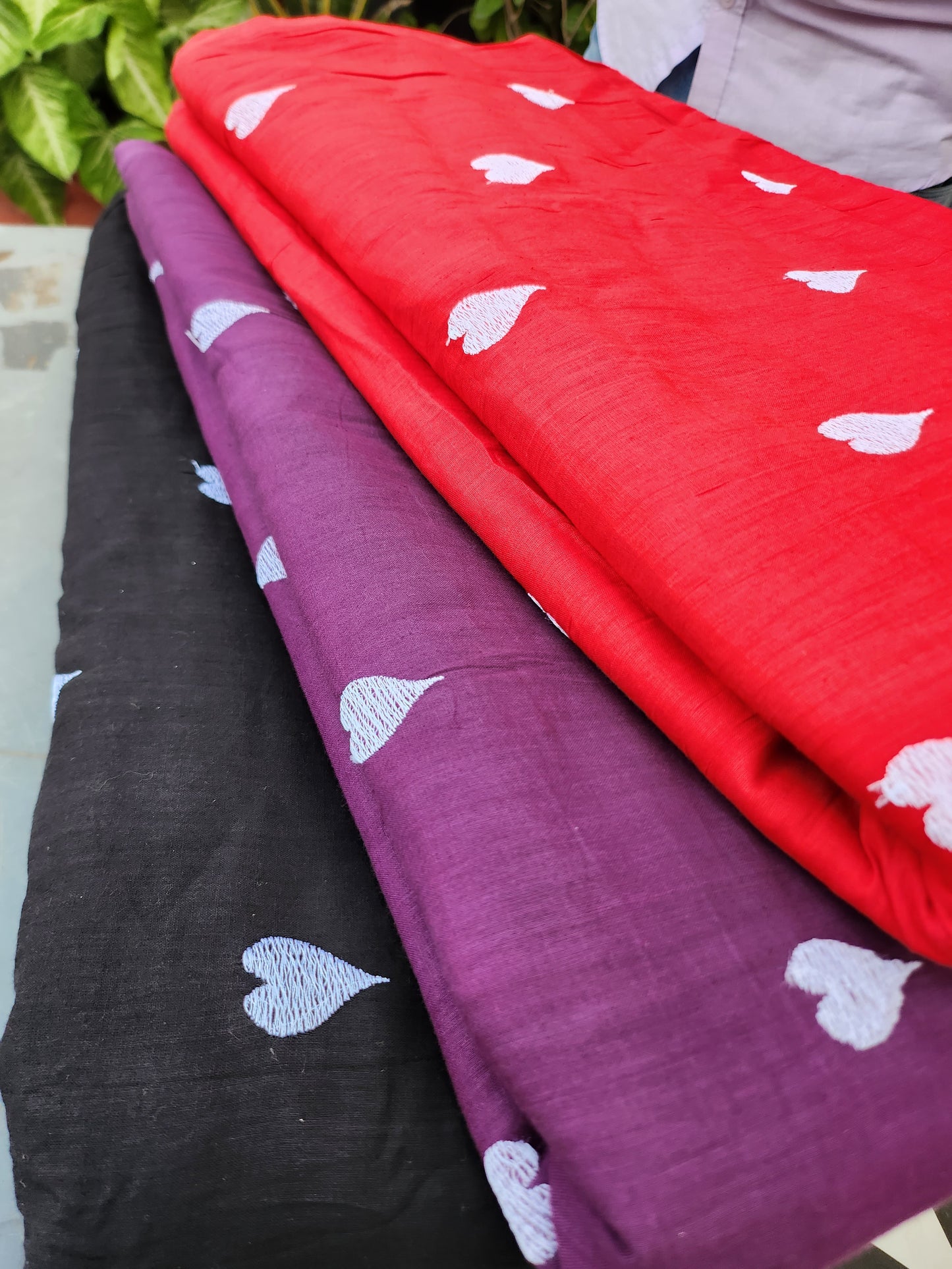 Black Color Kora Cotton Embroidery with white Heart