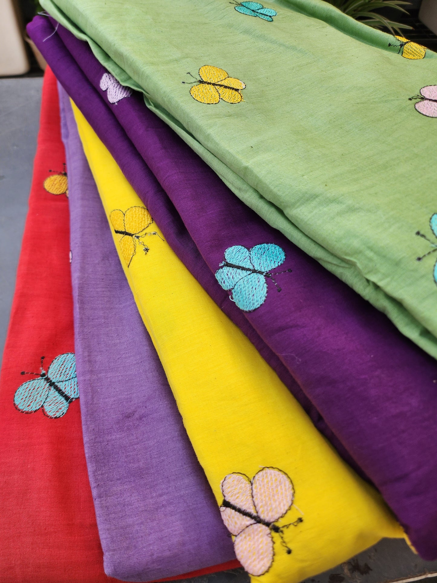 Yellow Color Kora Cotton with Multi Color Embroidery Butterfly
