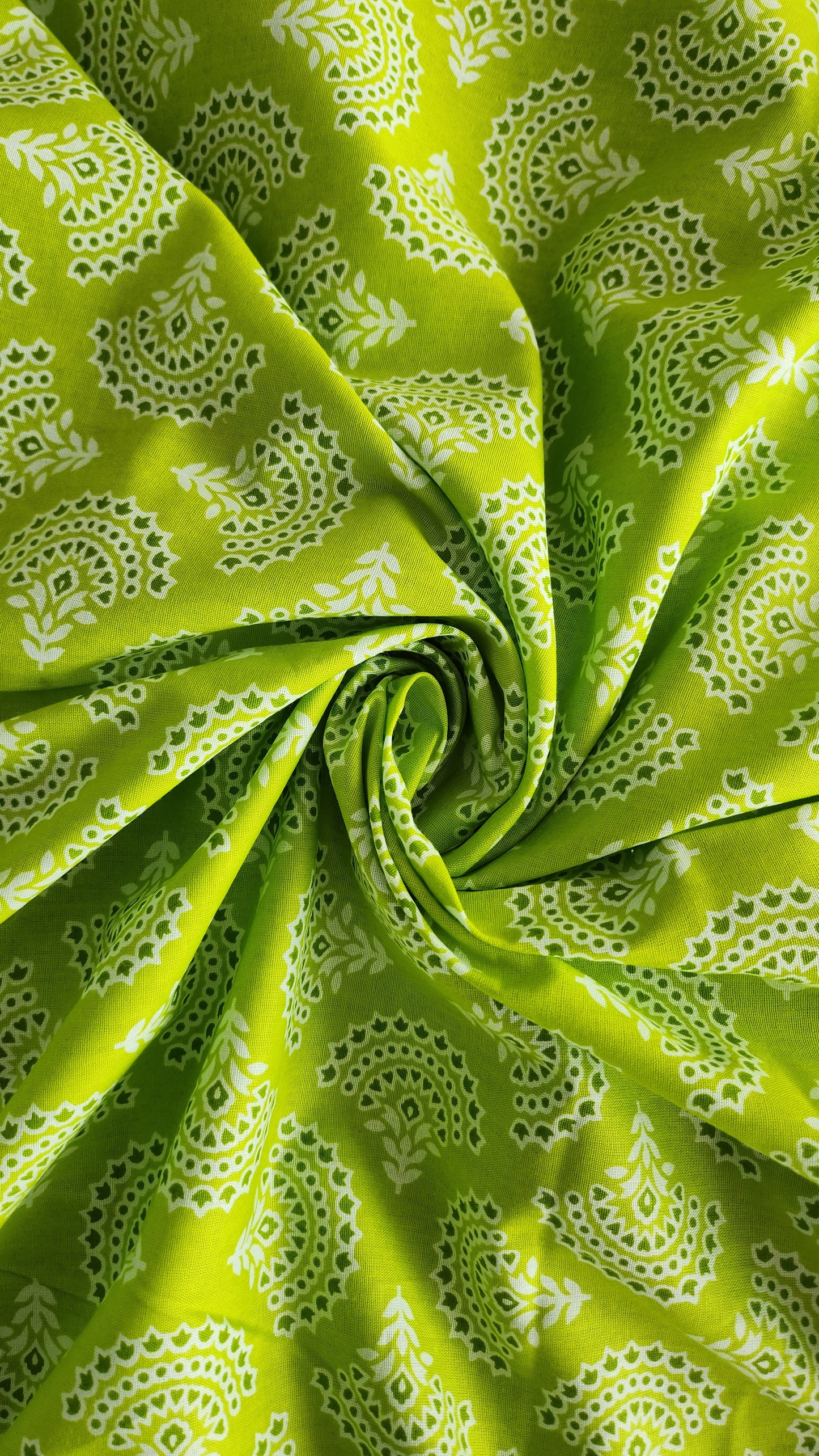 Green Color Pure Cotton fabric With White Small Floral butti Print