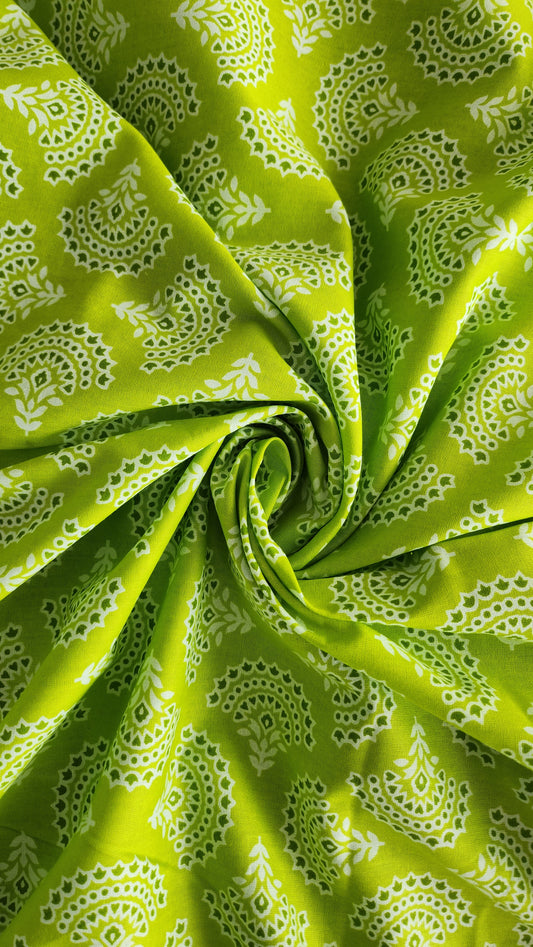 Green Color Pure Cotton fabric With White Small Floral butti Print