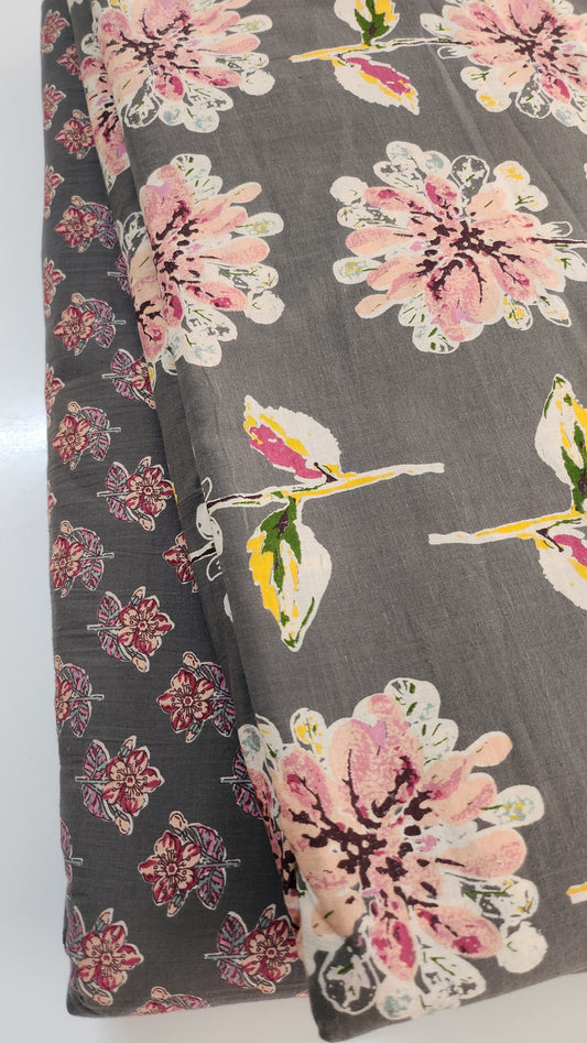 Gray Pure Cotton Fabric With Big Floral Print