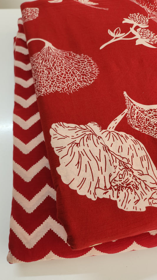 Red Pure Cotton Fabric With Big Floral Print
