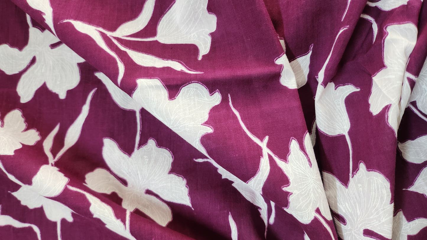 Wine Color Pure Cotton fabric With White Big Floral Print
