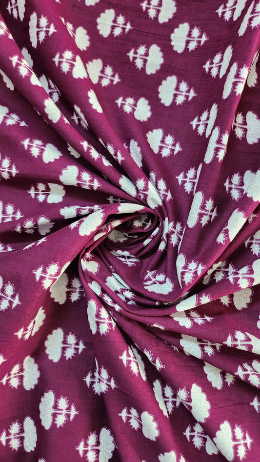 Wine Color Pure Cotton fabric With White Small Floral Print