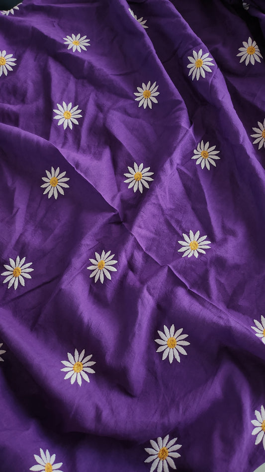 Dark Purple pure Kora Cotton with Sun Flower Embroidery