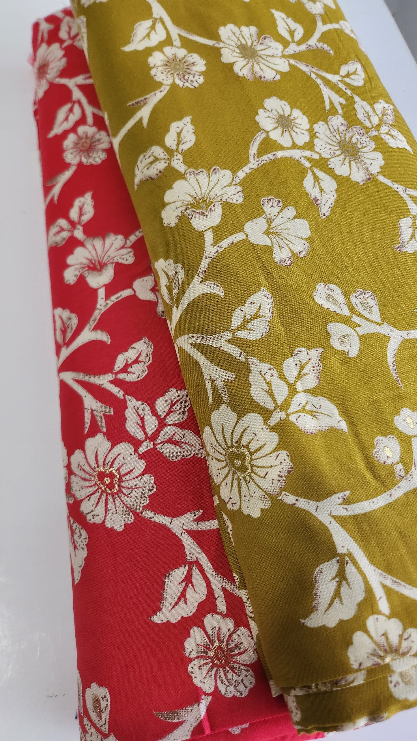 Pure Rayon Cotton Red Color Floral Design With Foil Work