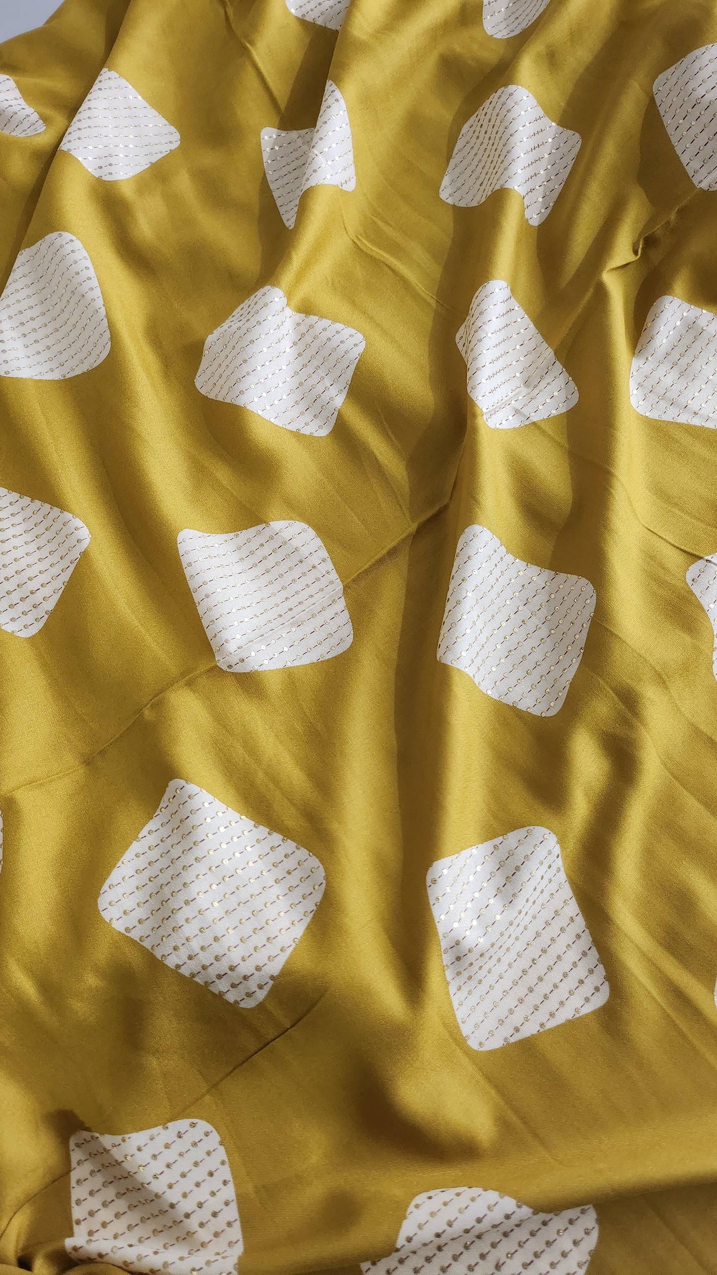 Pure Rayon Cotton Mustard Color Abstract Design With Foil Work