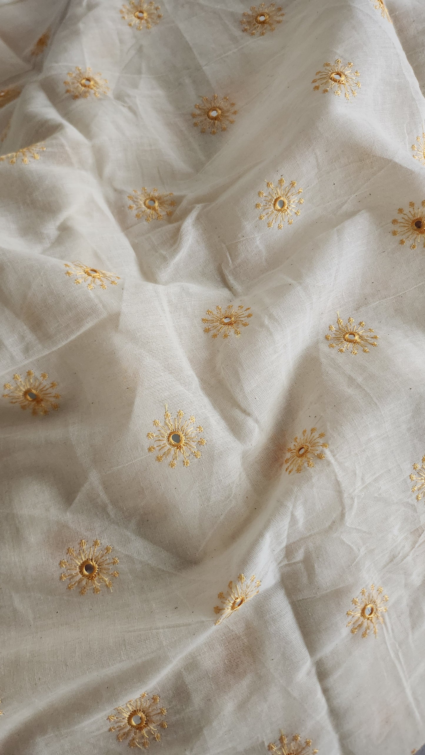 Pure Kora Cotton with Yellow Sun Embroidery and Mirror Work