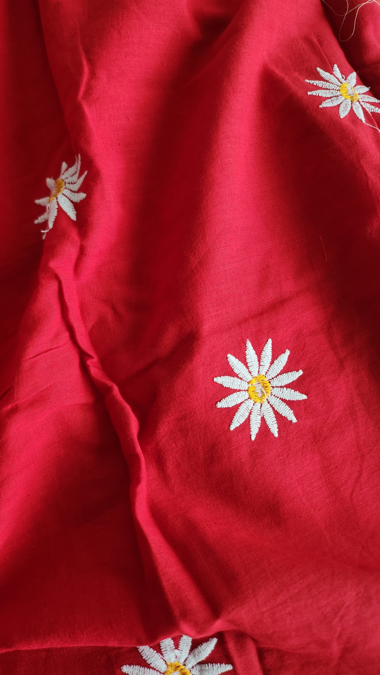 Red pure Kora Cotton with Sun Flower Embroidery