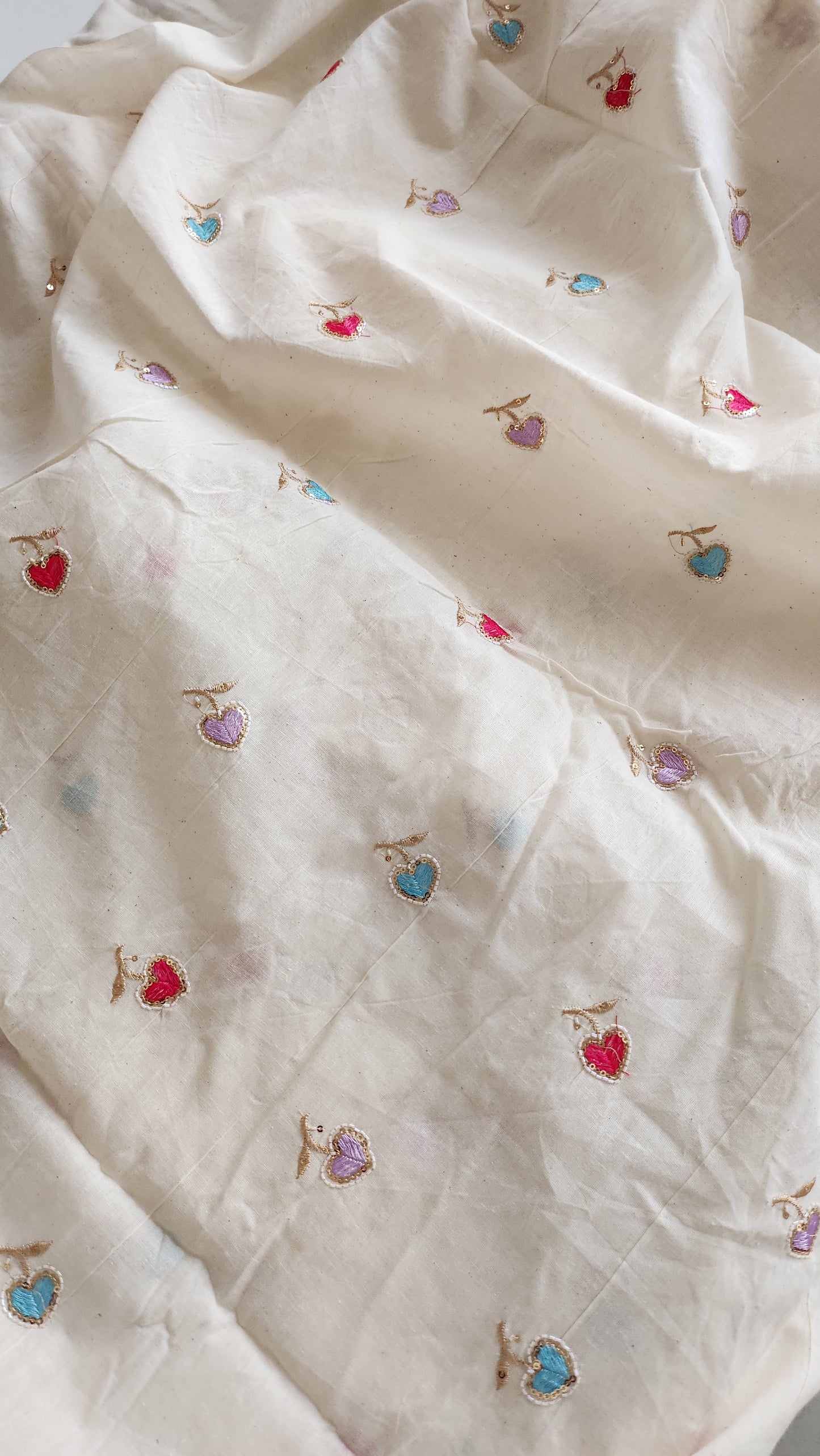 Pure kora cotton multi color Heart with beads embroidery with sequence work