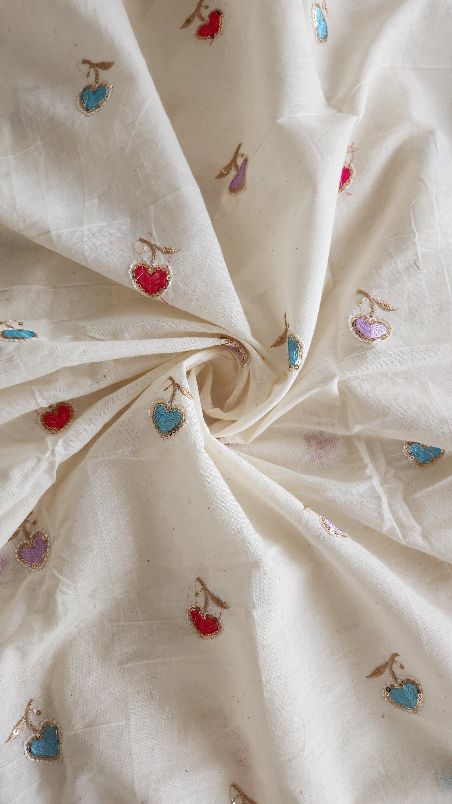 Pure kora cotton multi color Heart with beads embroidery with sequence work