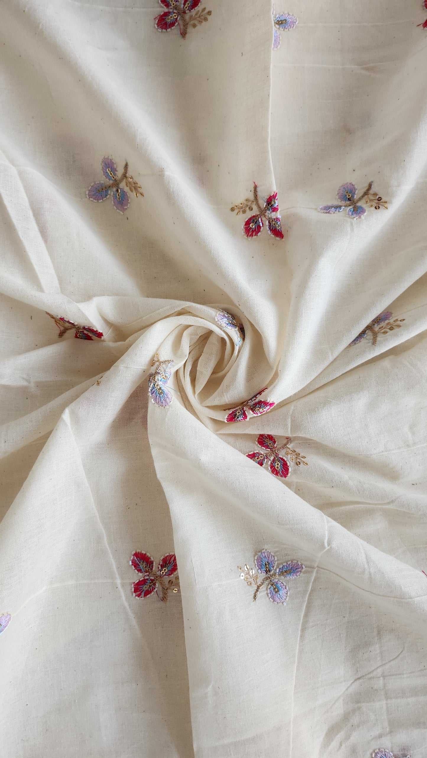 Pure kora cotton multi color three petal embroidery with sequence work