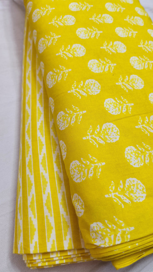 Pure Cotton Yellow Color With Top White Floral and Bottom straipe yellow white Print