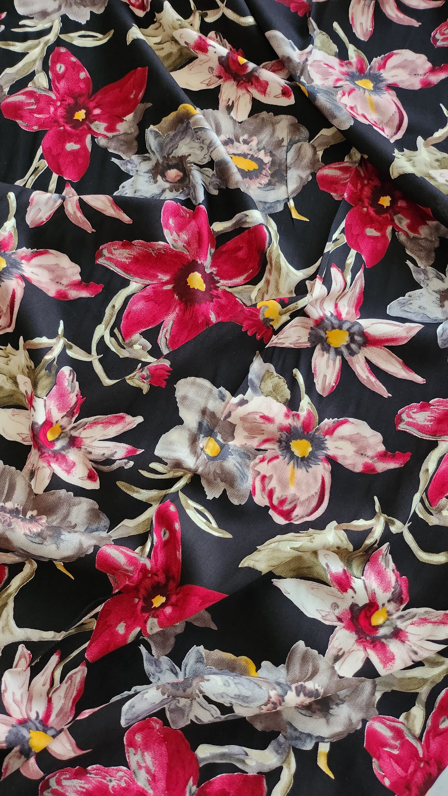 Pure Rayon Cotton Base Black color with Big Multi color floral Print All Over