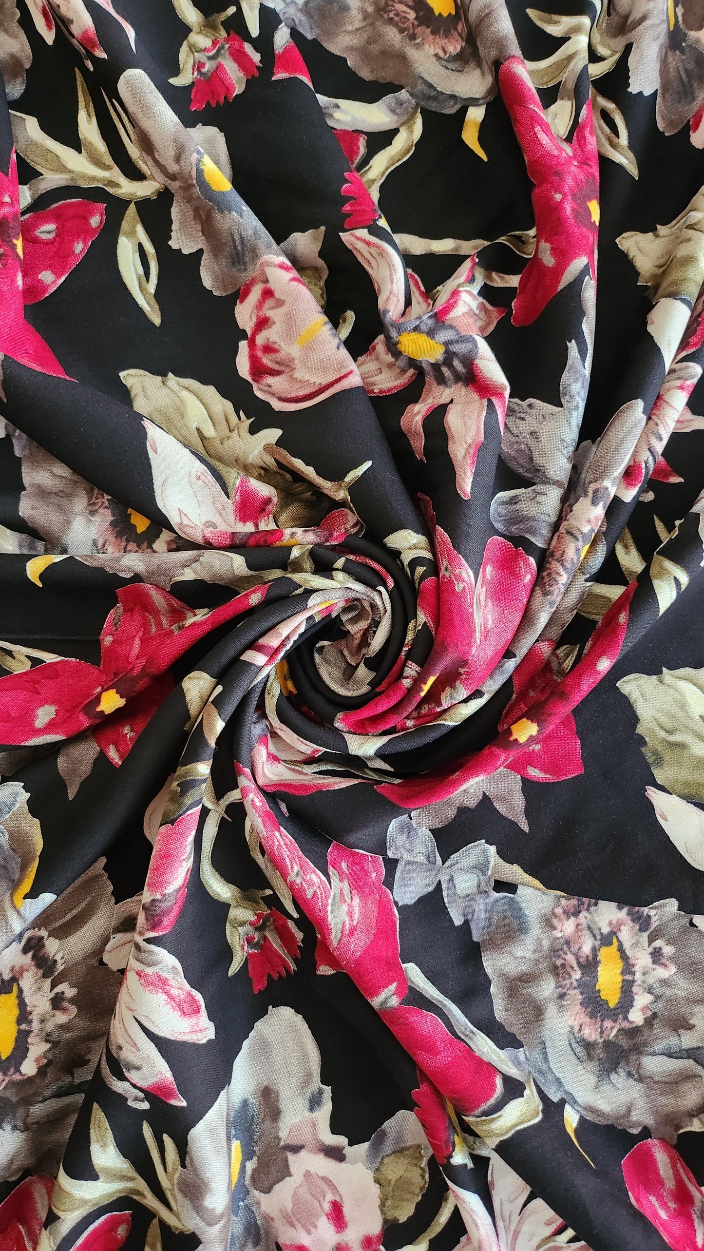 Pure Rayon Cotton Base Black color with Big Multi color floral Print All Over