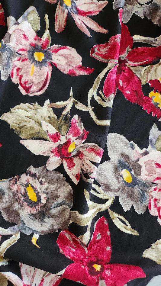 Pure Rayon Cotton Base Black color with Big Multi color floral Print All Over