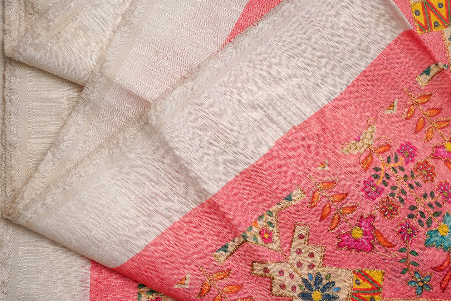Raw Silk Embroidery Coral Color Printed