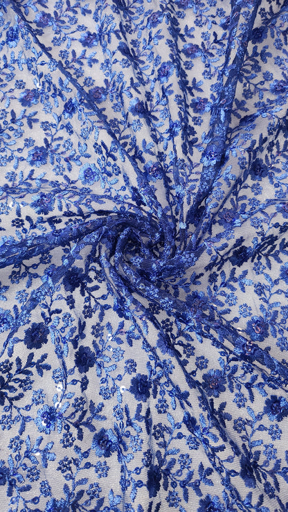 Blue Floral Net Fabric with Net Embroidery