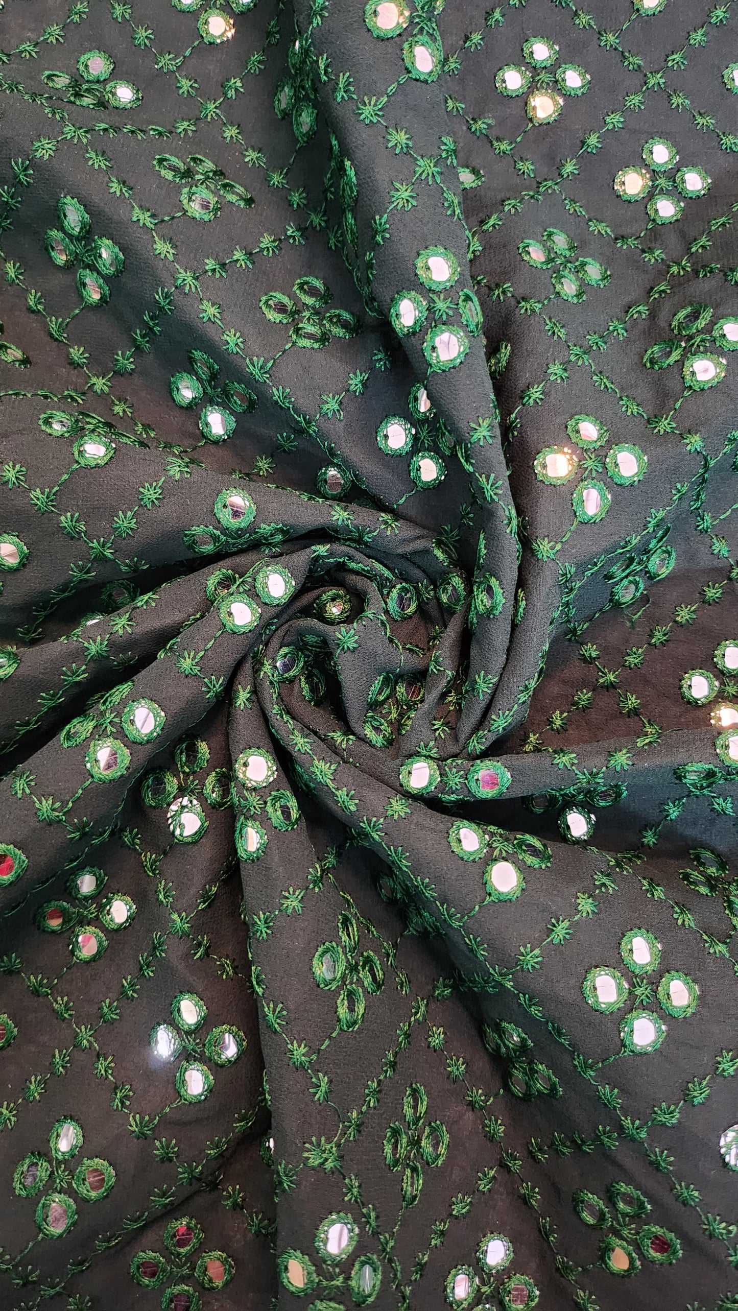 Green Mirror Work Embroidery Georgette Fabric