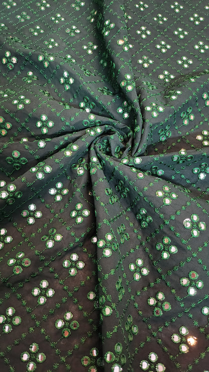 Green Mirror Work Embroidery Georgette Fabric