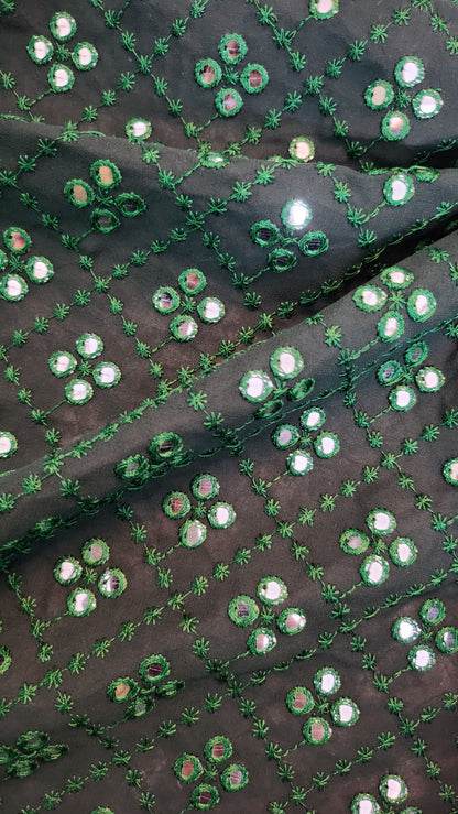 Green Mirror Work Embroidery Georgette Fabric