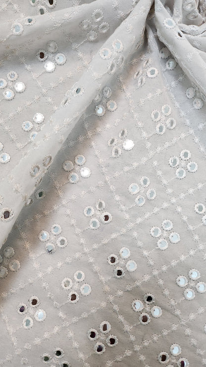 Sequin-Adorned Dyeable Georgette Fabric with white color mirror work