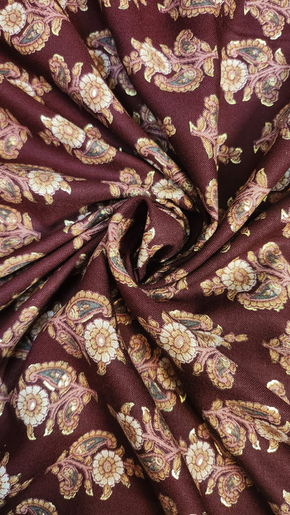 Maroon Floral Print Pure Rayon Cotton Fabric