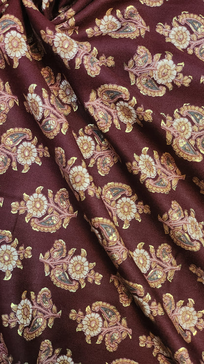 Maroon Floral Print Pure Rayon Cotton Fabric