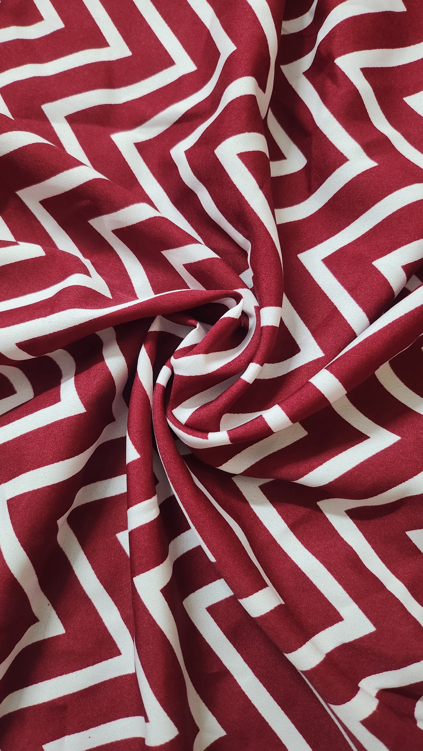 White and Maroon Zig-Zag Poly Crepe Fabric