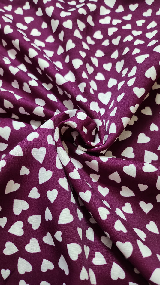 Plum Color with White Heart Poly Crape Fabrics