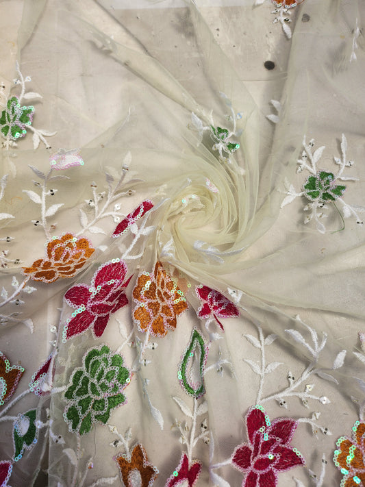 White Color Net Embroidery with multi color floral