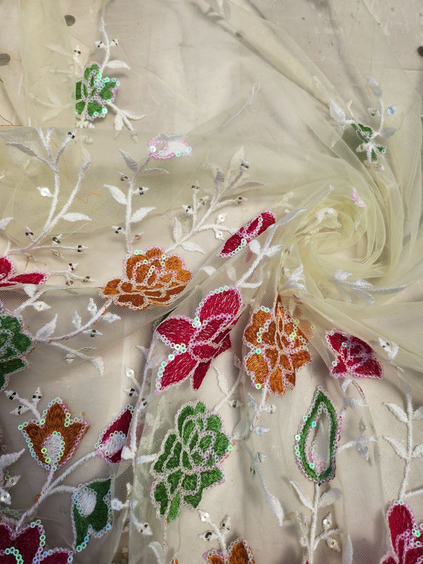 White Color Net Embroidery with multi color floral