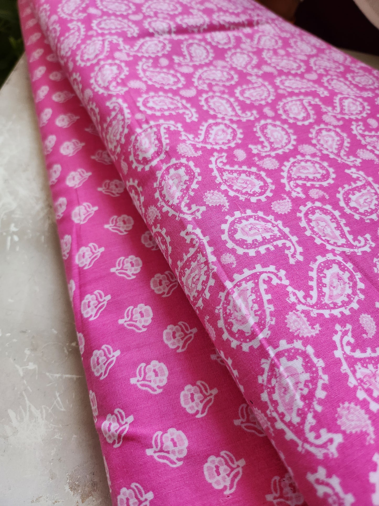 Cotton Suit Set Rose Pink Color With White Paisley Printed