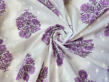 White Color with Purple Block Printed Cotton