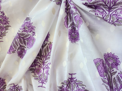 White Color with Purple Block Printed Cotton