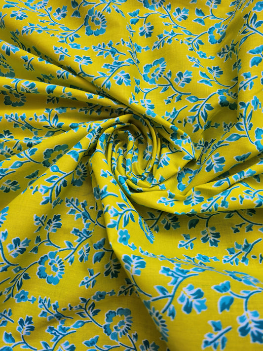 Golden with sky Blue Trail Print Cotton