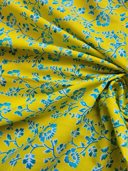 Golden with sky Blue Trail Print Cotton