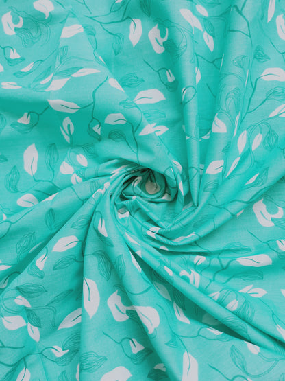 Turquoise color Leaves Printed Cotton