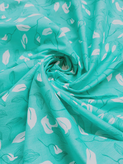 Turquoise color Leaves Printed Cotton