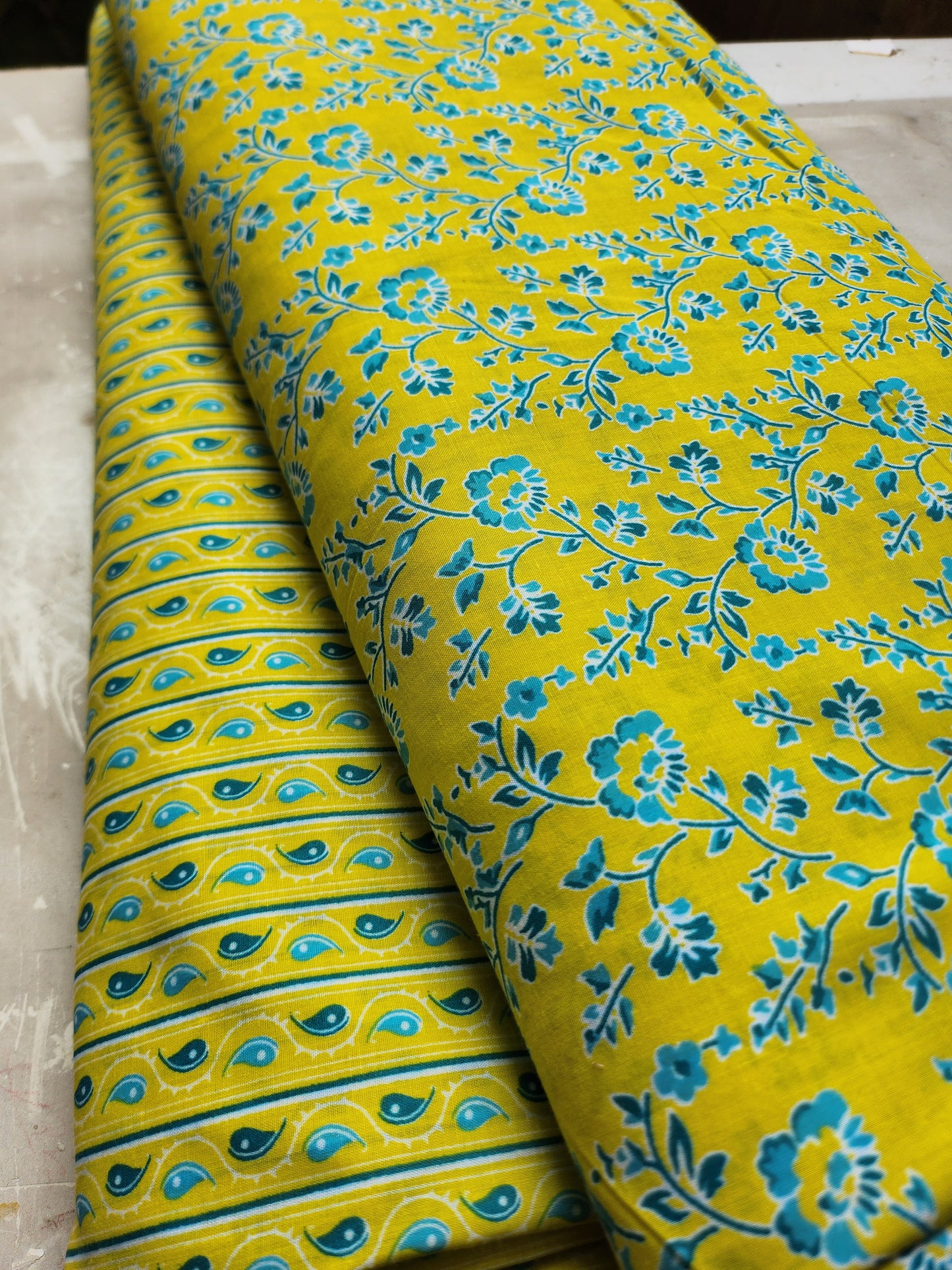 Olive Color with Blue Floral Trail Print Cotton