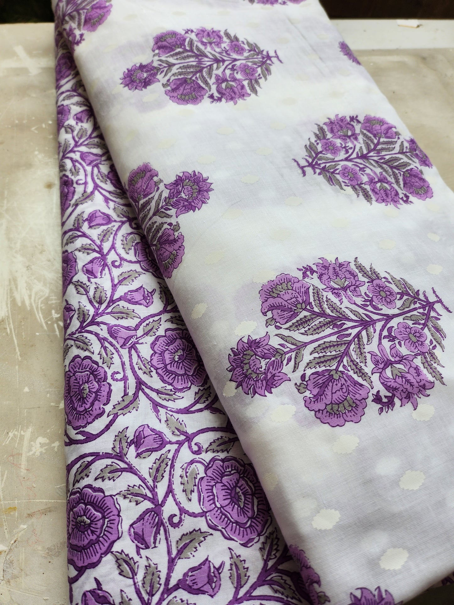 White Color Purple Floral Block Printed Cotton