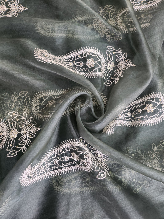 Paisley Design with Sequence work & embroidery Green color Organza