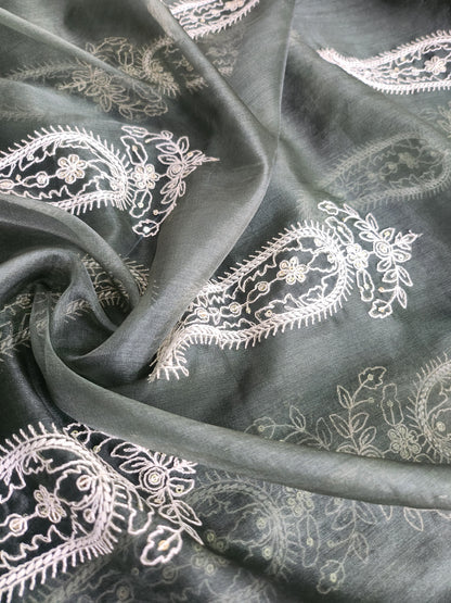 Paisley Design with Sequence work & embroidery Green color Organza