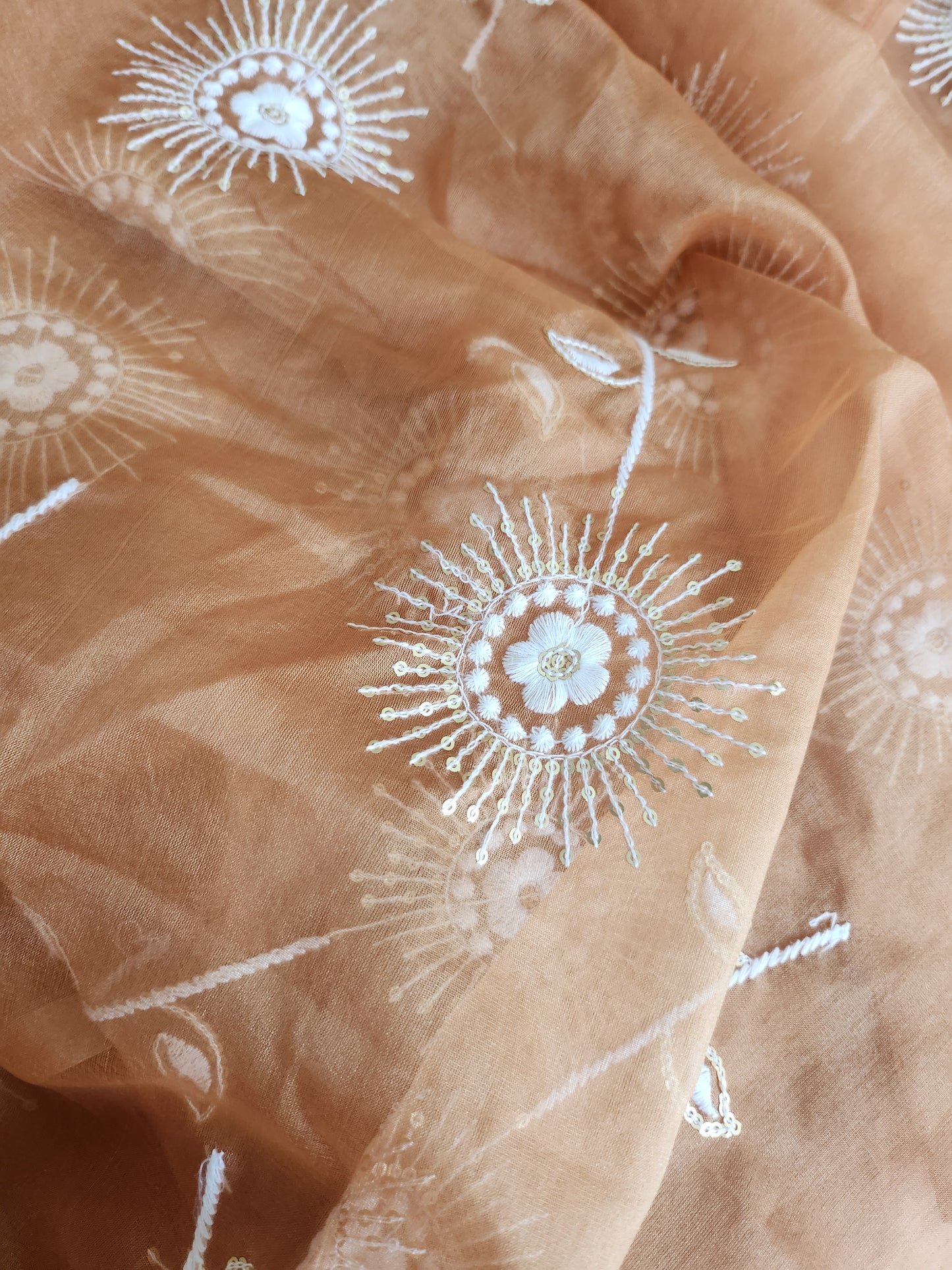 Sun Flower Design with Sequence work & embroidery apricot color Organza