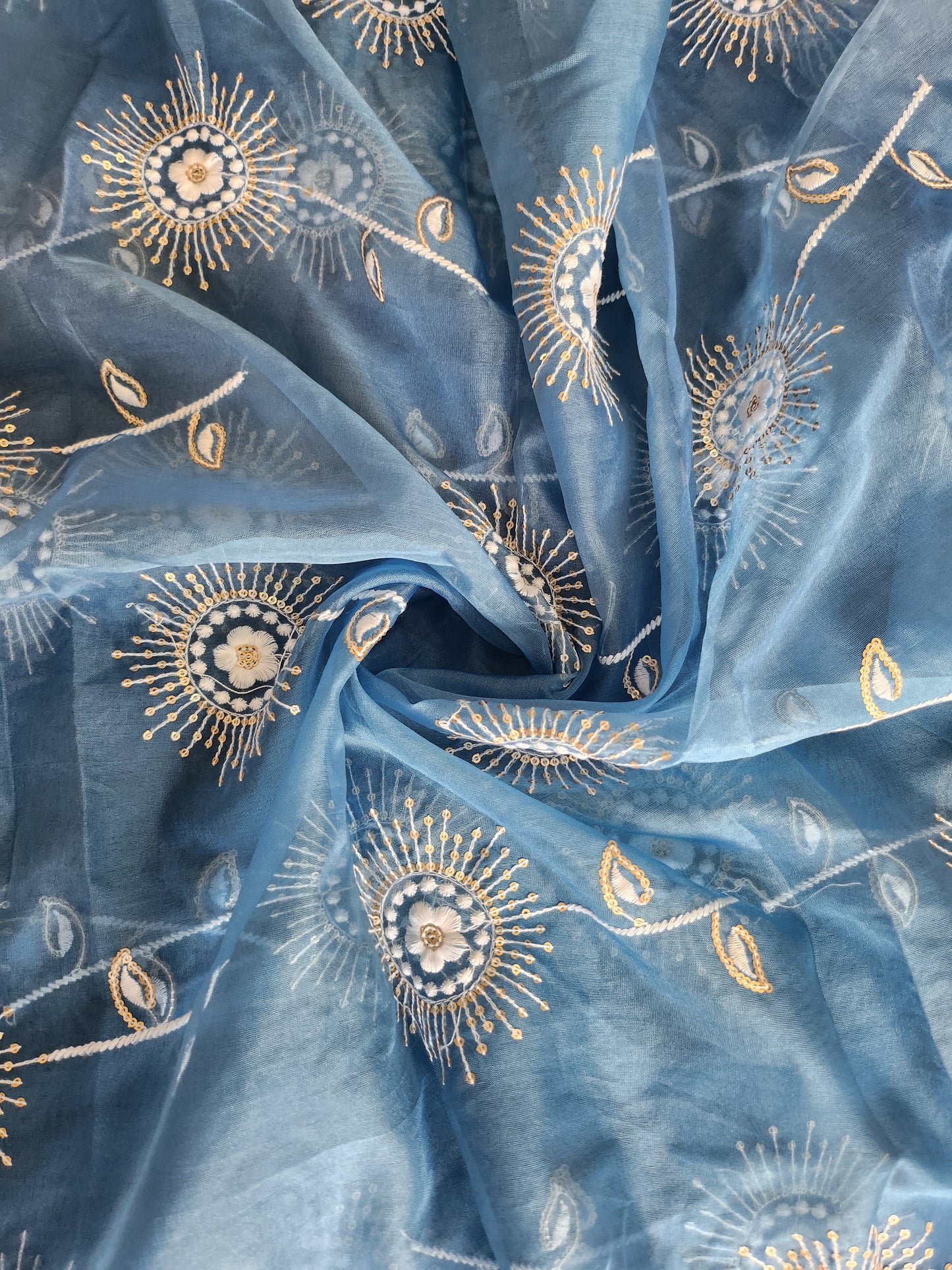 Sun Flower Design with Sequence work & embroidery Cerulean color Organza