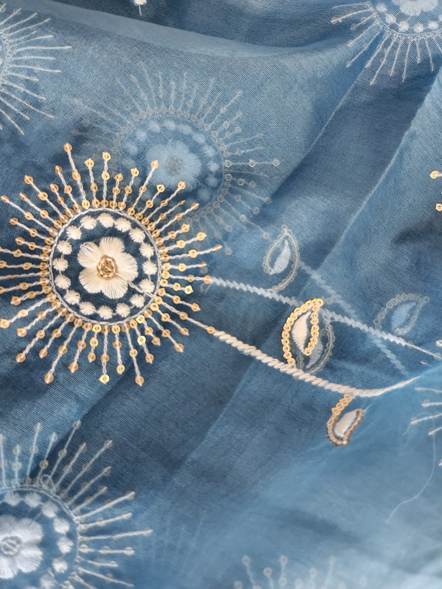 Sun Flower Design with Sequence work & embroidery Cerulean color Organza