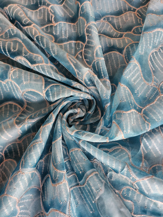 Abstract Design with Sequence work Zari Turquoise color Organza