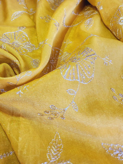 Zari Sequence Work with Pure Jute Silk Fabric Golden Color